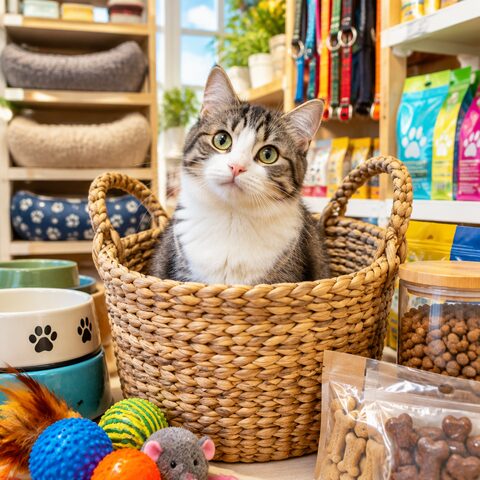 Exemplo de foto de produto: gato em cesto de compras